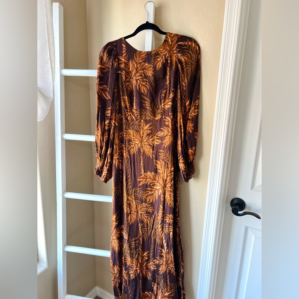 FARM Rio Brown and Orange Leaf Print Long Sleeve Dress